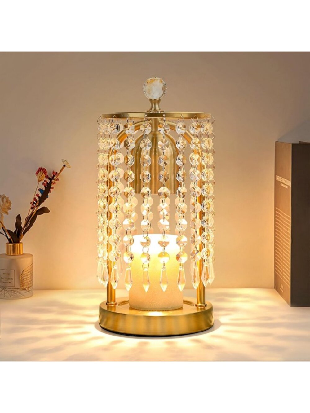 Elegant Gold Candle Warmer Lamp with Timer & Dimmer - Crystal Decor for Home